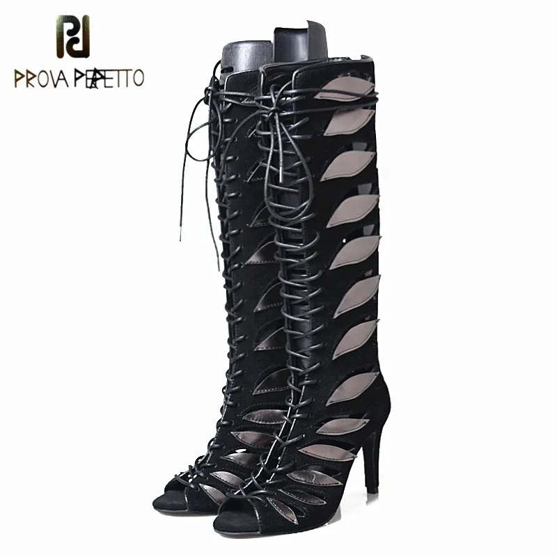 

Prova Perfetto 2018 New Style Fashionable Hollow-out Flower Mixed Colors Woman Long Boots Peep Toe Lace-upe High Heel Sandals