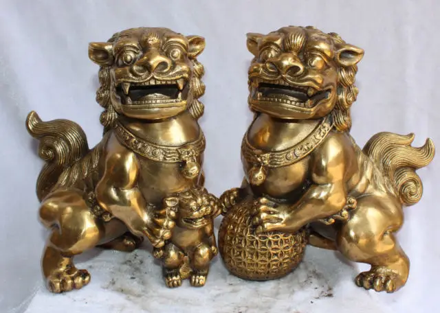 6.1" Chin Fengshui Bronze Guardian Foo Fu Dog Door Lion Leo Kid Ball Statue Pair 