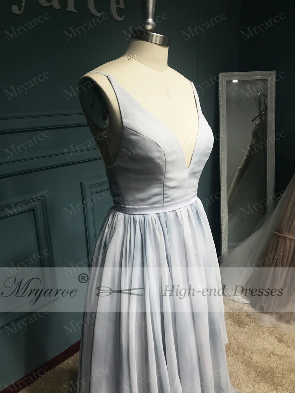 Mryarce 2019 Limited Gray and Blue Printed Silk Chiffon Wedding Dress Hand-painted Fancy Open Back Bridal Gowns  (5)
