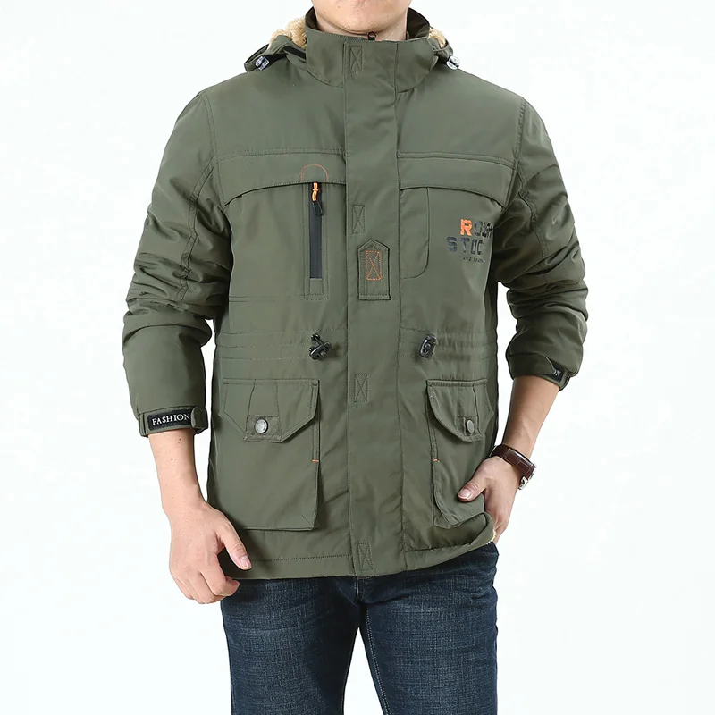 AFS джип размера плюс 4XL зимняя куртка мужская Военная ветровка с капюшоном шерстяная подкладка теплые мужские пальто Верхняя одежда jaqueta masculina - Цвет: Army Green