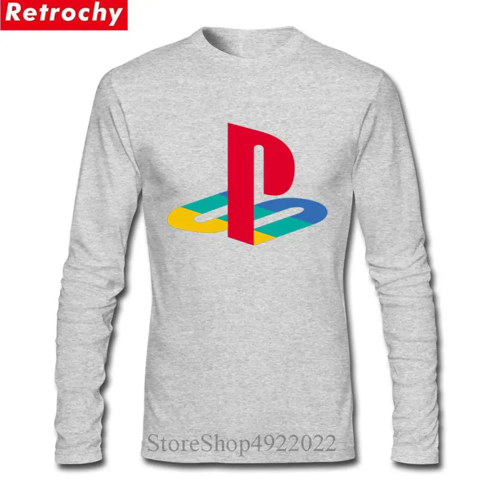 Ретро футболка с логотипом PS мужская футболка для хип хопа Xbox игры Playstation футболка мужская с круглым вырезом и длинными рукавами летние чистые хлопковые футболки в хипстерском стиле - Цвет: Sports Grey