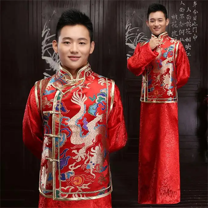 Жених Винтаж Свободный чеонгам традиционное китайское свадебное платье атласное Qipao Вышивка костюм дракона Vestido восточные мужские - Цвет: red DRESS7