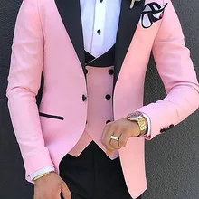 Trajes de hombre rosa de 3 piezas esmoquin de solapa de champán verde para padrinos de Boda (Blazer + Pantalones + chaleco)