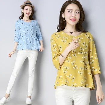 

#1986 Floral Printed Tee Summer Tshirt Women Loose Causal Cotton Linen T Shirts Female Three Quarter Sleeve T-shirt Tees Femme