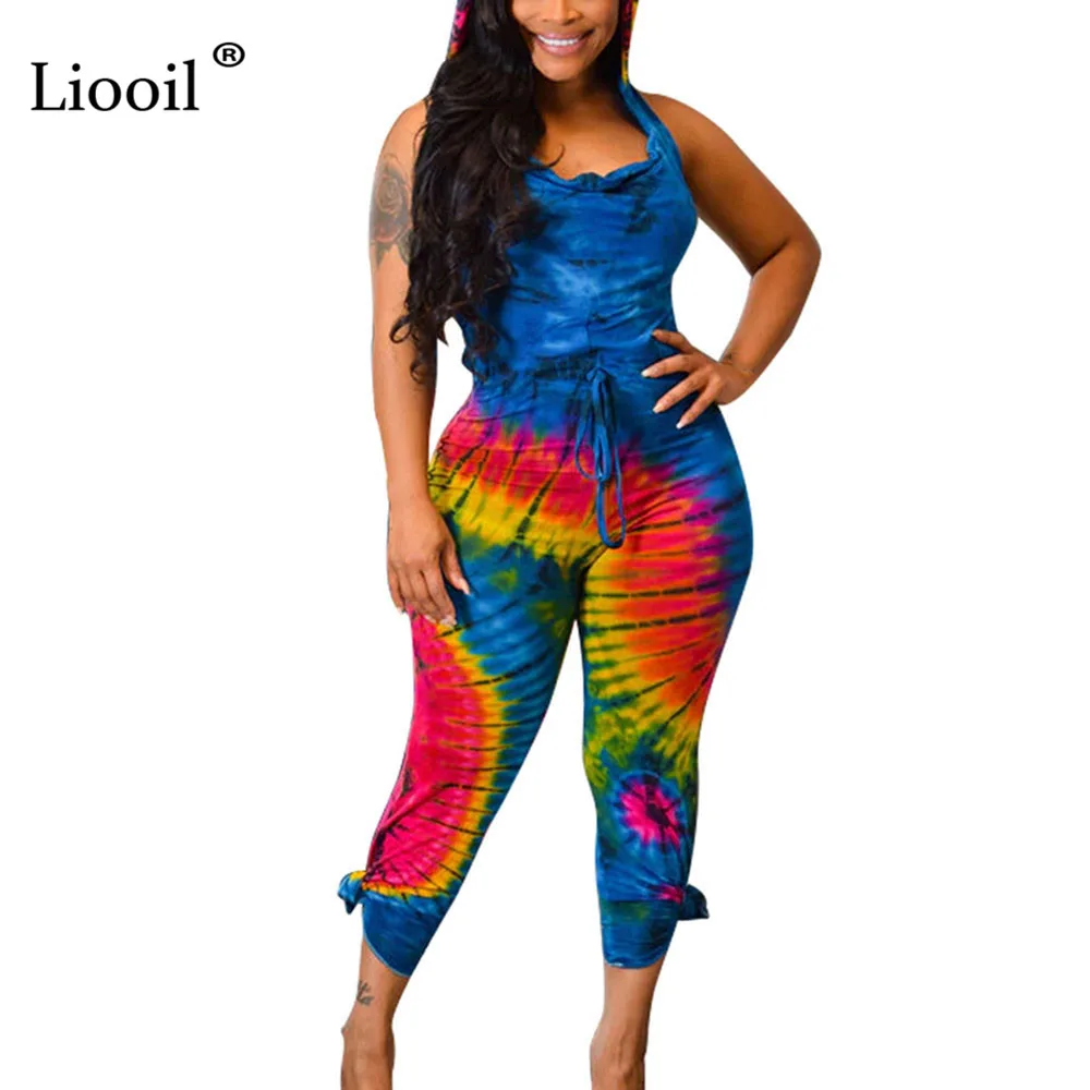 Liooil Tie Dye комбинезон с капюшоном с открытой спиной сексуальный комбинезон Колготки Новое поступление Bodycon Вечерние Клубные Комбинезоны женские Комбинезоны Шорты