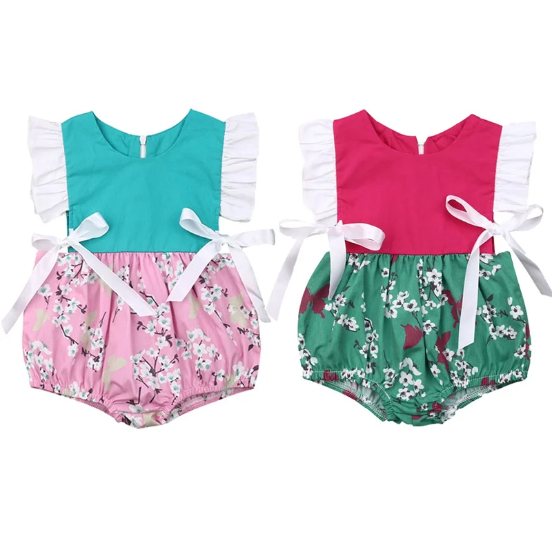 

2019 Summer Newborn Infant Baby Girl Floral Patchwork Lace Up Clothes Sleeveless Romper Jumpsuit Outfit Baby Girl Clothing