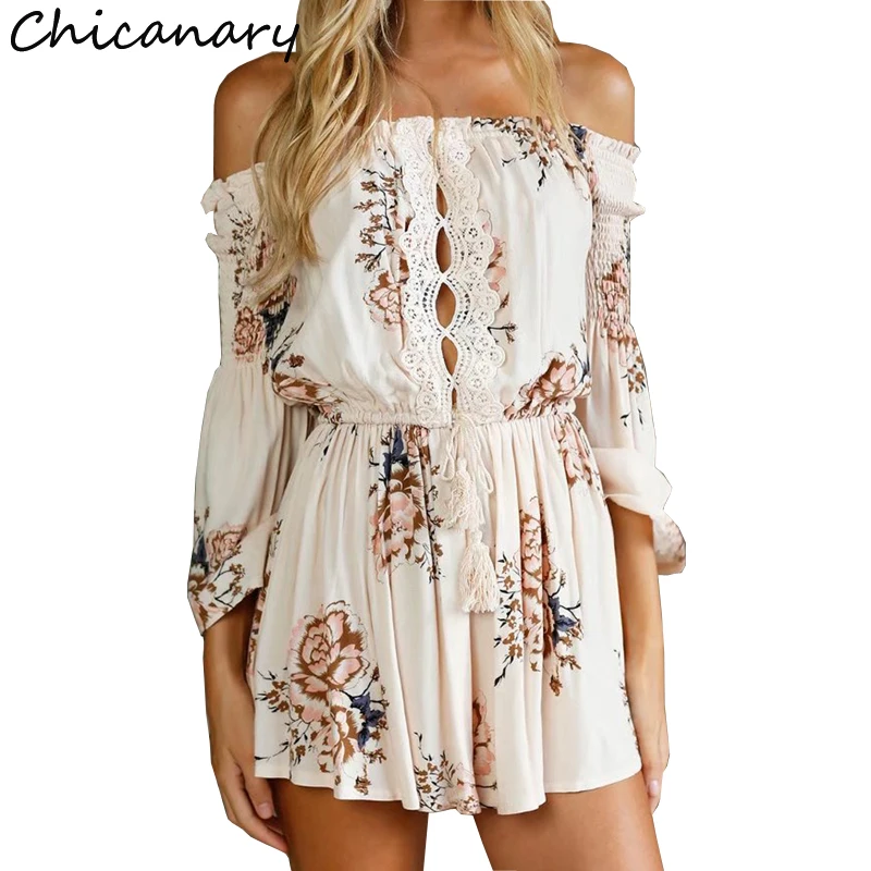 Кляузничество 2018 лето с плеча Boho Цветочный принт комбинезоны Для женщин