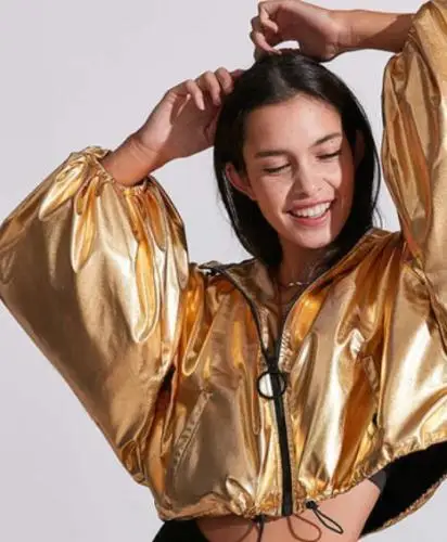 Womens Gold Sleeves Hooded Casual Loose Jacket Short Waist Length Outerwear Coat S34