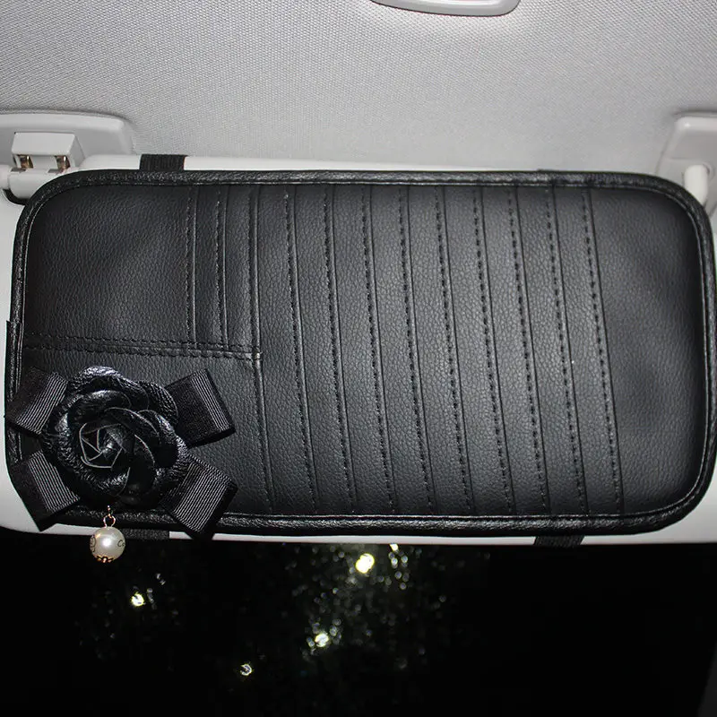 Чехол рулевого колеса автомобиля с черным цветком камелии, Кожаная подушка для шеи автомобиля, универсальная подушка для подголовника автомобиля - Название цвета: Sunshade CD Clip