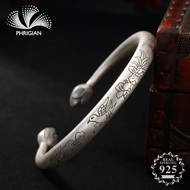 

S990 Fine Jewelry Bangle Solid sterling silver flea market open adjustable vintage retro handmade flower plant bird dove