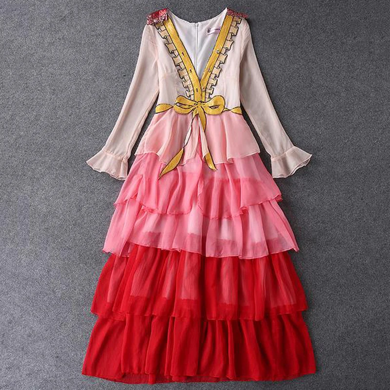 

High Quality Runway Designer Summer Dress Women's Long Sleeve Tiered Gradient color Sequin Ankle Length Dress
