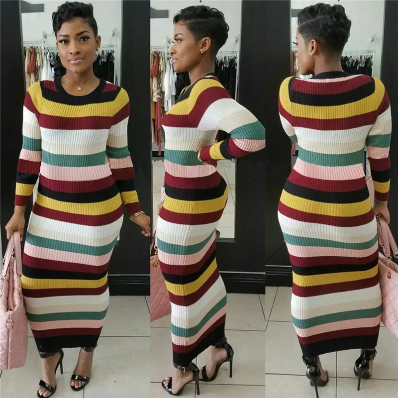 Autumn Long Sleeve Sexy Bodycon Dress Knitted Striped Maxi Dresses Slim Wrap Pencil Dress Christmas Clothes Vestidos01