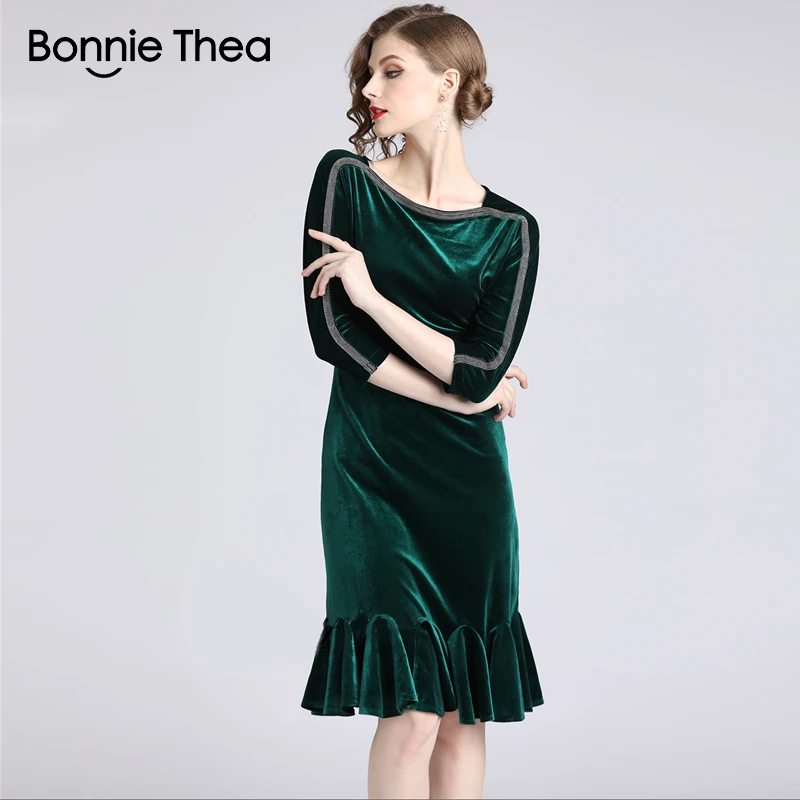 Bonnie Thea винтажное зеленое бархатное женское платье русалки vestido Осеннее