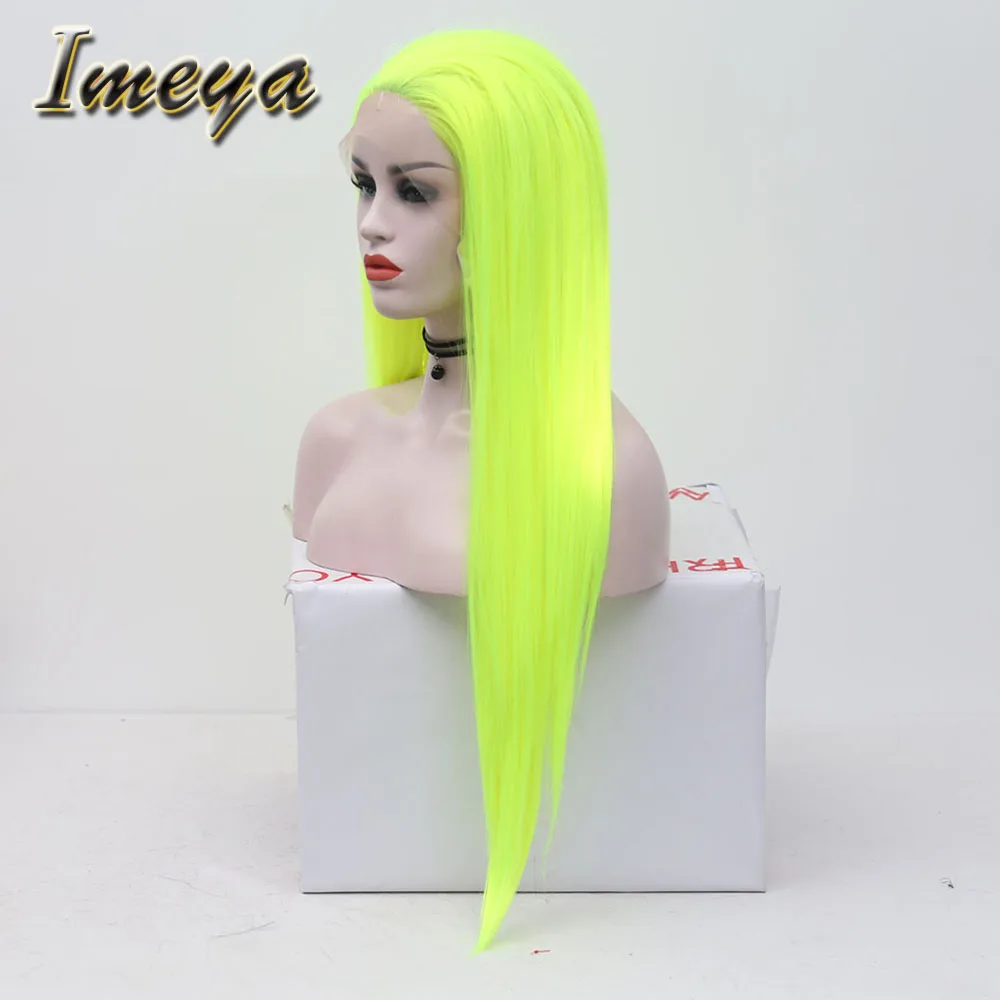 Imeya флуоресцентные зеленые волосы Цвет Длинные Синтетические волосы на кружеве парик шелковистые прямые с бесплатной частью Косплей парики для женщин