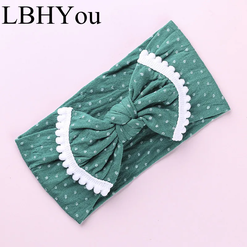 1pcs Knot Bows Width Nylon Headbands With Pompom Trims,Newborn Baby Girls Soft Stretchy Handtie Nylon Hairbands Girl's Hair Wear - Цвет: dark green