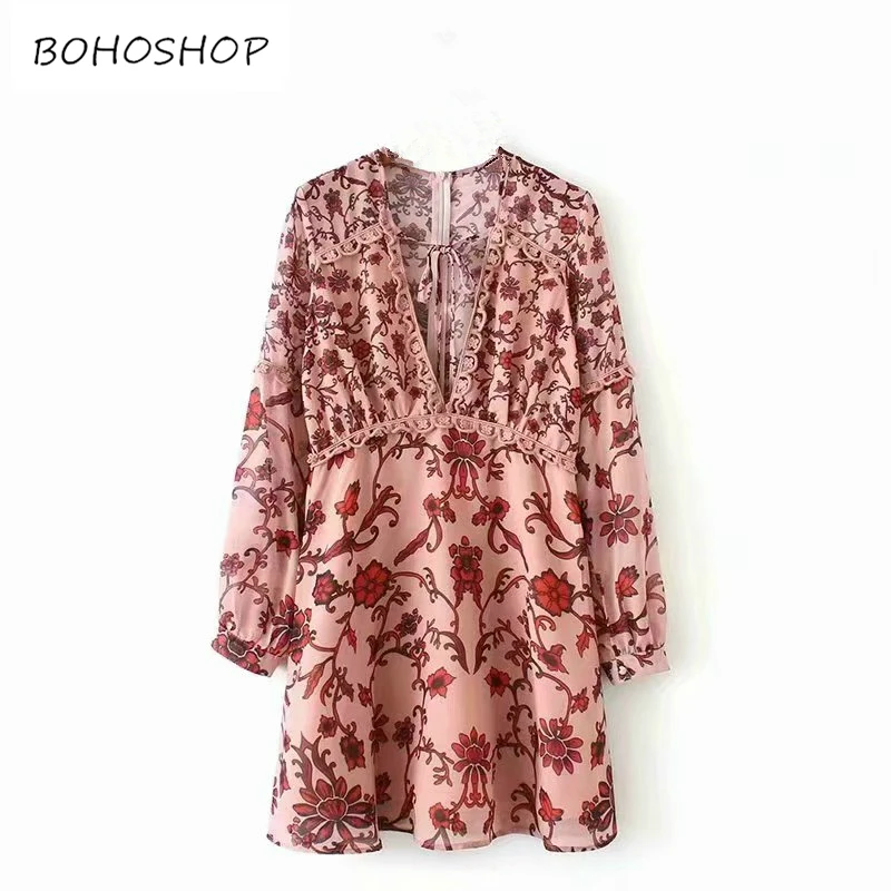 

Vintage chic Women floral Print long sleeve chiffon dresses Ladies deep v-neck lace-up Mini dress vestidos