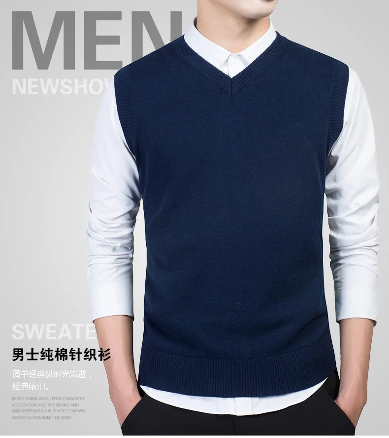 Мужская Новая мода с v-образным вырезом пуловер жилет хлопок вязаный жилет