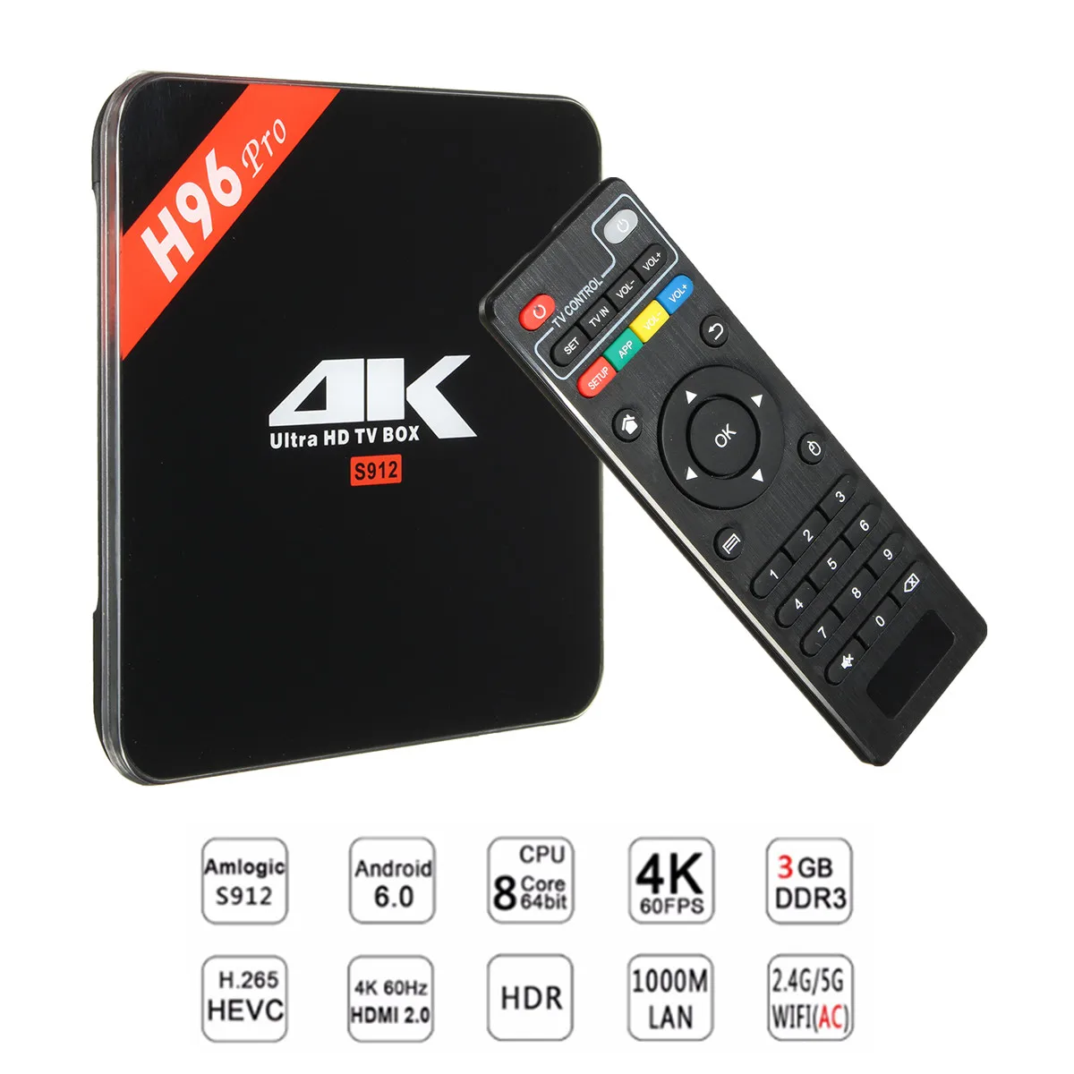 

H96 PRO Smart TV Box Amlogic S912 Octa Core 2G+16G Android 6.0 Wifi Player 4K Set-top Box US Plug UK Plug Infra Remote Control