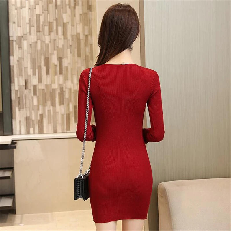 2018 Women Autumn Winter Sweater Dresses Slim O Neck Pullover Dress Sexy Sleeve Bodycon Warm Long Knitted Office Dress vestidos Dresses