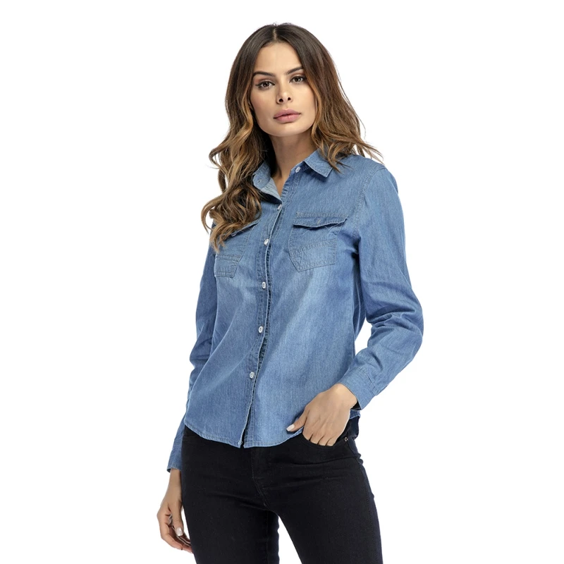 Women Denim Shirts Long Sleeve Snap Button Cotton Ladies Femininas