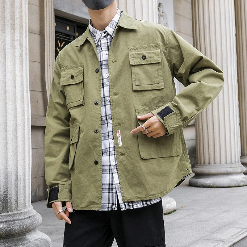 

Japan Style Jacket Men Multi Pockets Loose Veste Homme High Quality Streetwear Men Casual Jackets Turn Down Collar Windbreaker