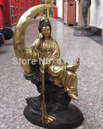 

15"China Buddhism Temple Bronze Kwan-Yin Bodhisattva on Moon Goddess statue