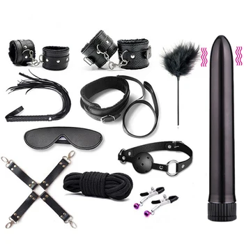10 Set of SM Bondage Handcuffs PU Leather Vibrator Adult Games Restraints Erotic Bdsm Accessories Adjustable Sex Toy for Couple