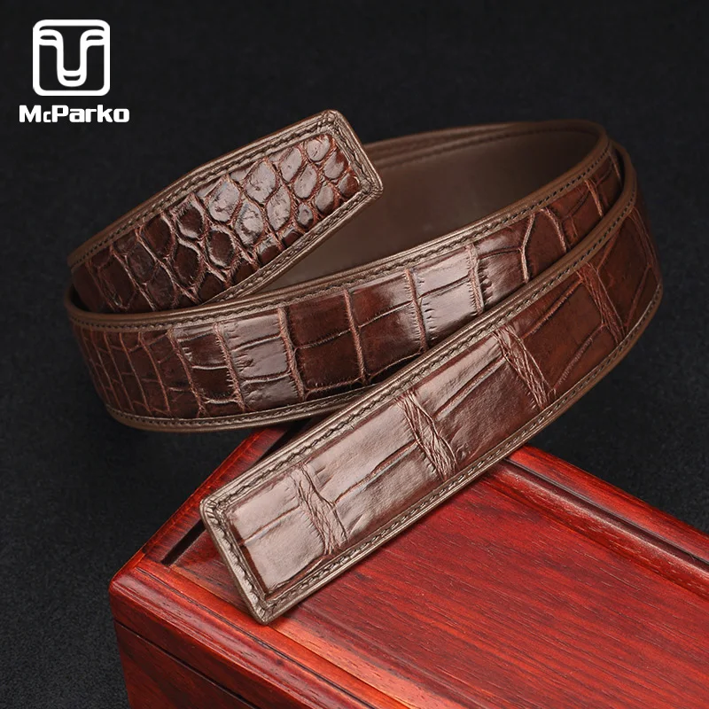 

McParko Genuine Alligator Leather Belt Without Buckle Luxury crocodile leather belt men Fashion Waist Belt Strap 3.8cm Brown