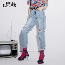 ELFSACK, небесно-голубые потертые джинсовые штаны, уличная одежда, прямые женские джинсы со средней талией, летние модные рваные джинсы для женщин