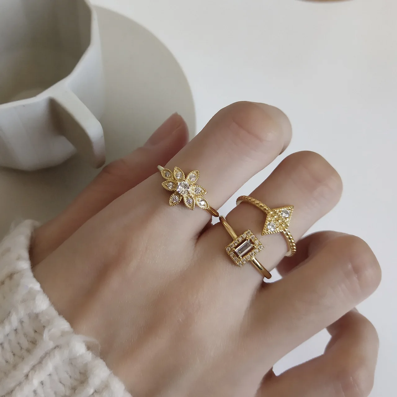 

925 Sterling Silver Ring Flower Rhombus Rectangle Nordic Style Ring Geometric Silver Finger Ring Jewelry for Woman