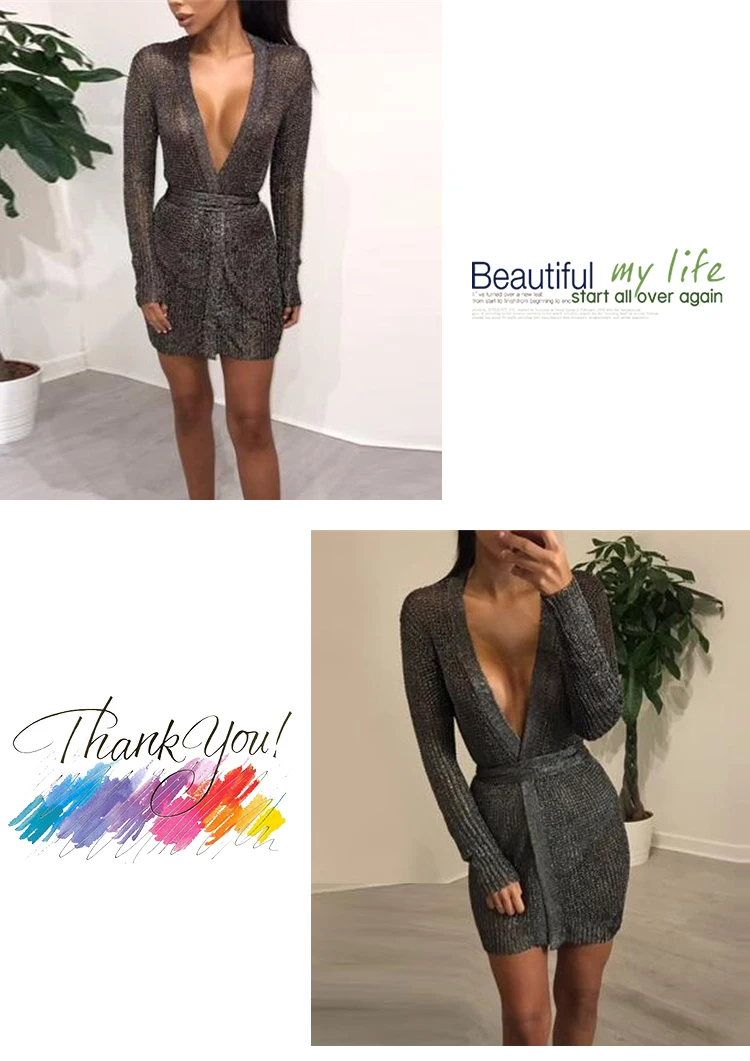 HCYO Women Dresses Evening Party Deep V Neck Sexy Mini Dress with Sashes Empire Solid Club Dresses Womens Sheath Dresses Autumn (2)