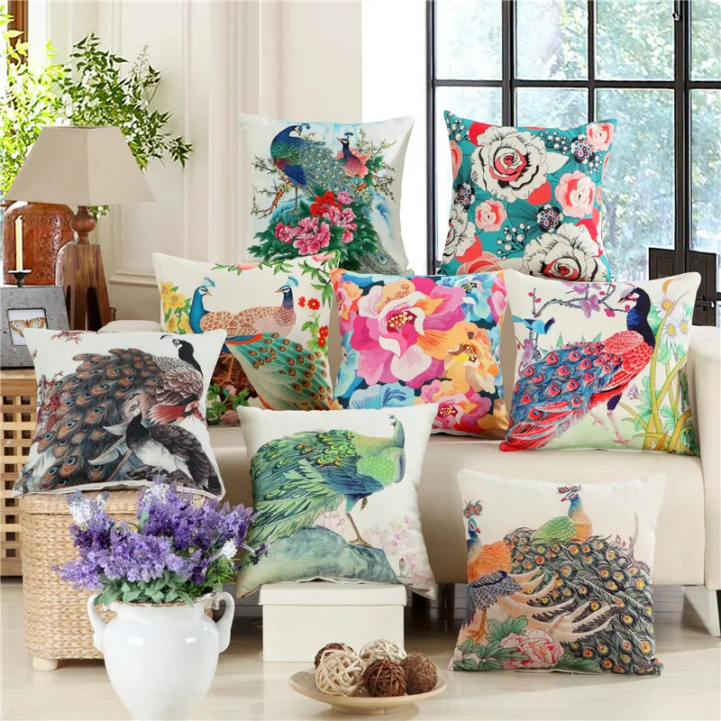 

hap-deer linen cottom Printed Cushion for Sofa Car Seat Peacock peony housewarming gift Throw Pillow retro Home Decorative y