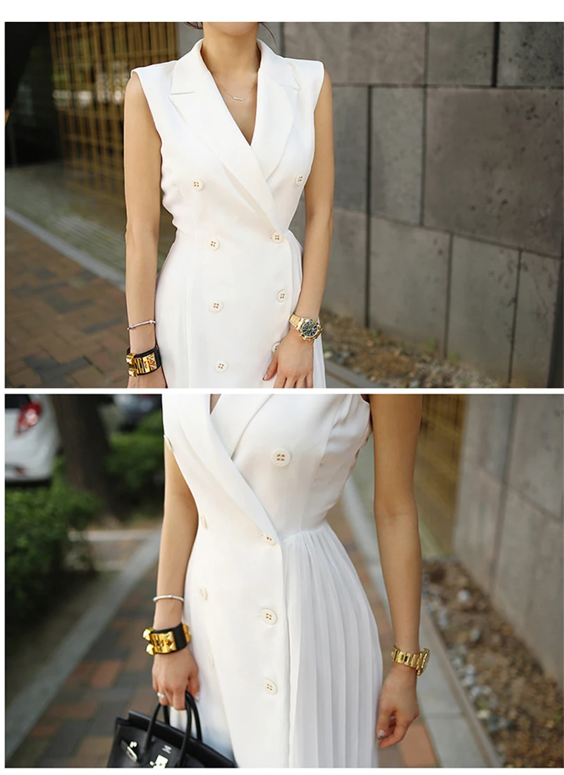 Элегантное женское белое двубортное платье с v-образным вырезом, винтажное Плиссированное лоскутное женское платье без рукавов, OL стиль, женские платья