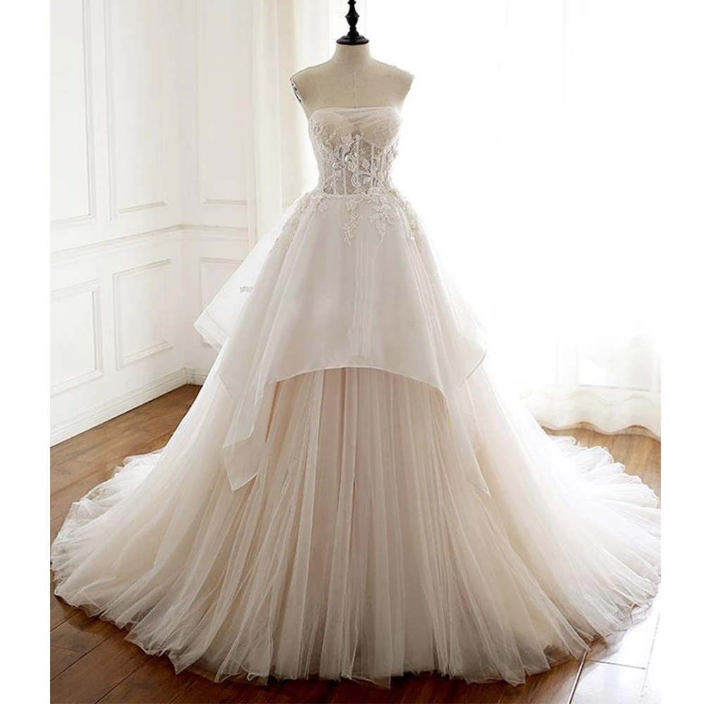 

Gardenwed Elegant A Line Wedding Dress 2019 Vintage Strapless Long Applique Tulle See Through Bridal Gowns
