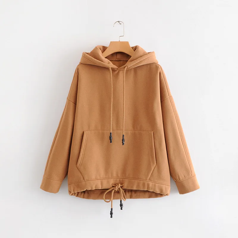 

WY852 New Arrival Basic Design With Hooded Drawstring Bottom Long Sleeve Loose Pullovers Jumpers Women Solid Color Sweatshirt