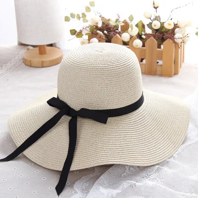 Летняя соломенная шляпа для женщин с большими широкими полями, пляжная шляпа от солнца, складная Солнцезащитная шляпа с защитой от ультрафиолета, Панама, шляпа для женщин - Цвет: Beige