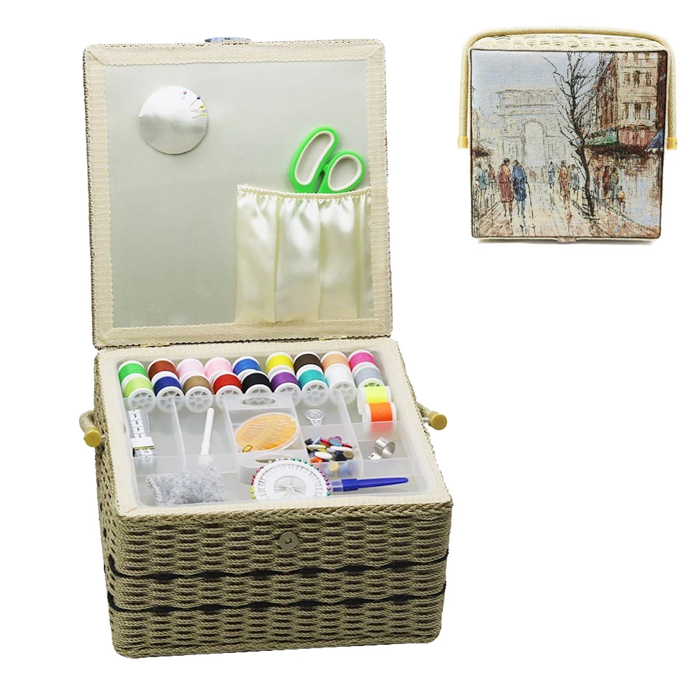 

Home Large Sewing Basket Storage Box with Assorted Sewing Tool Wooden&Fabric Covered Crafts Sewing Kit Organizer Christmas Gifts
