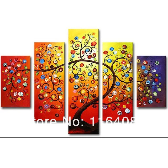 

Free Shipping Hand-painted Wall Art Colorful Tree Home Decoration Abstract Oil Paintings on Canvas 5 PC Canvas Picture Wall Art