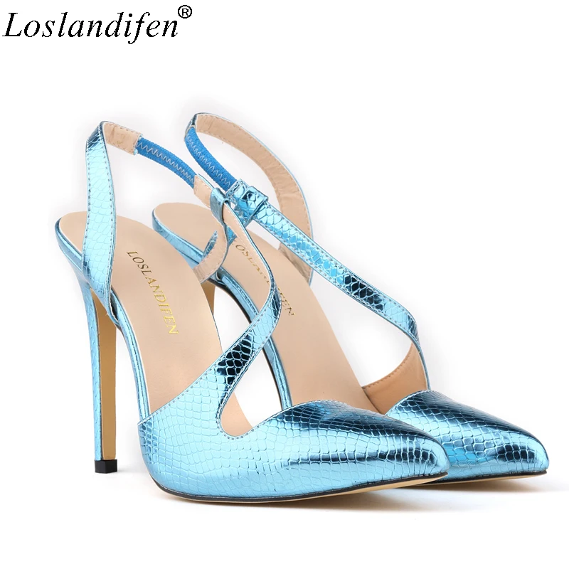 

Loslandifen Women sandals pointed high heels Bling bling shiny Fake Crocodile Summer party wedding shoes paillette new style