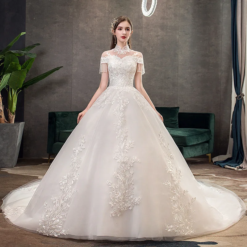 

Chinese Vintage High Neck Beading Tassel 2019 New Wedding Dress Lace Embroidery Custom Made Bridal Ball Gown Vestido De Noiva L