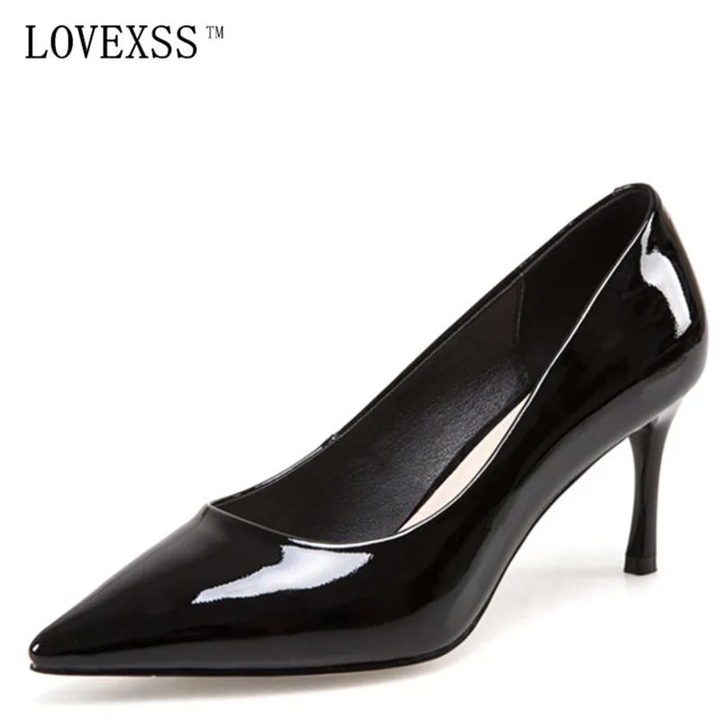 

LOVEXSS Women Genuine Leather Pumps Wedding Pointed Toe Shoes Black Pink Red Patent Leather 9 CM High Heels Pumps Fashion Party