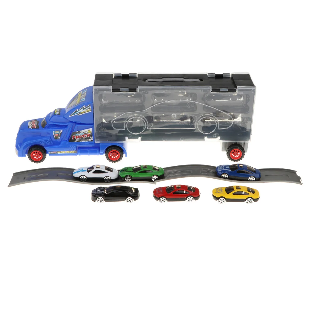 15 pieces/ set Trailer Carrier Container Truck Toy with 12 Mini Car & 2 Tracks Boys Kids Train & Car Vehicle Playset Racing Car