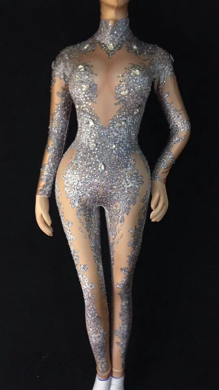 

High Quality Silver Long Sleeve Beading High Elasticity Jumpsuit Nightclub DJ Party Jumpsuit