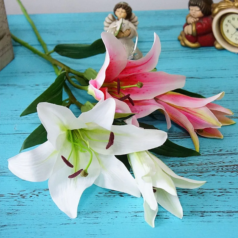 2 Big Heads Silk Lily Artificial Flowers High Quality Fake Flower Branch Decoration for Wedding House Festival Decor Home A5100