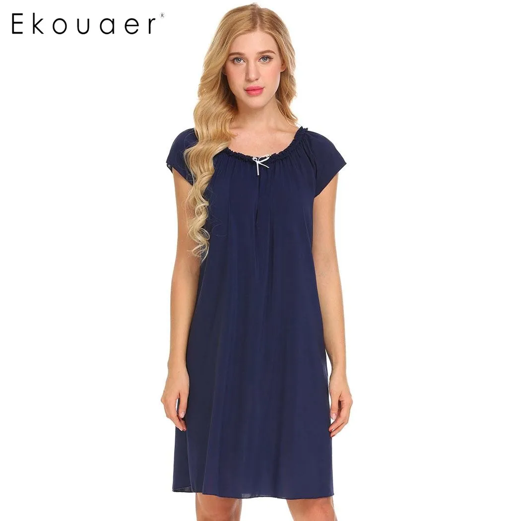 

Ekouear Casual Women Short Sleeve Sleepwear Ruffles Lounge Sleep Dress Solid Loose Chiffon Nightgown Female Nightwear Nighty