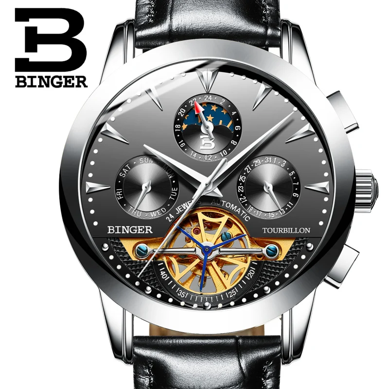 

Switzerland Men's Watch BINGER Luxury Brand Tourbillion Mechanical Wristwatches Sapphire Genuine Leather Strap clock B1188-2