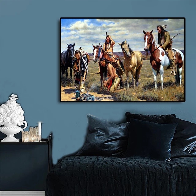 Pintura de retrato indio nativo para sala de estar, pósteres e impresiones en lienzo de pradera caballo, imagen artística de pared escandinava Pintura de retrato indio nativo para sala de estar, pósteres e impresiones en lienzo de pradera caballo, imagen artística de pared escandinava