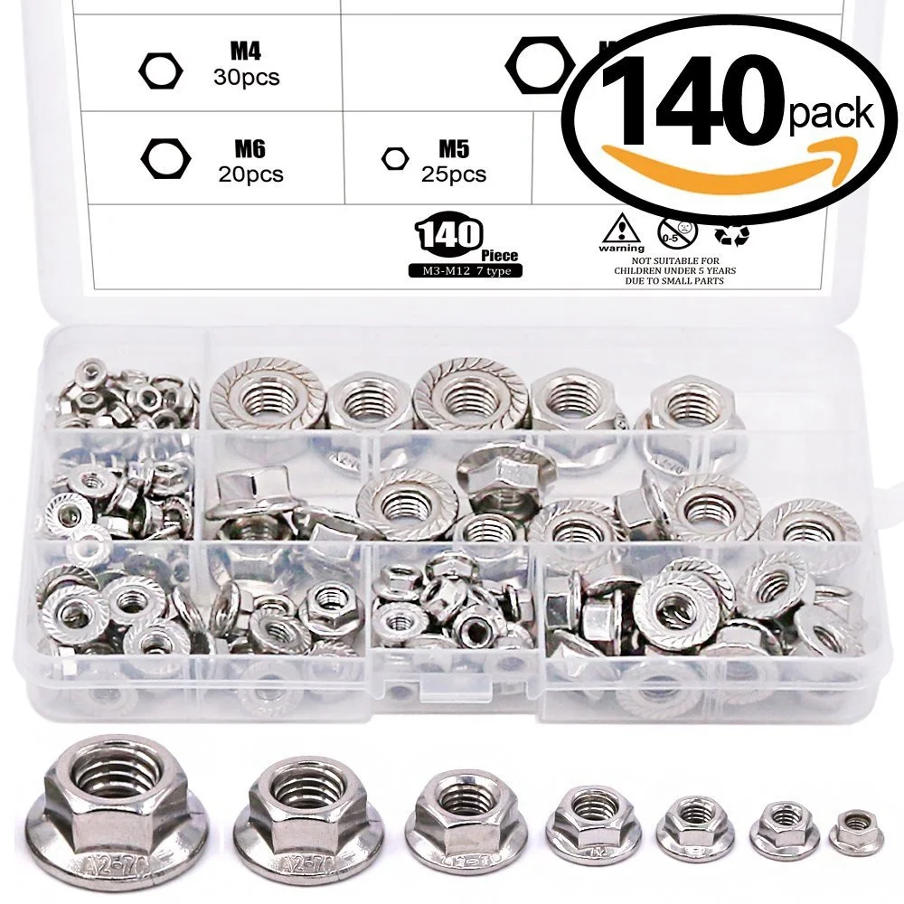 

140-Pcs M3 M4 M5 M6 M8 M10 M12 Hex Flange Nuts Assortment Kit - 304 Stainless Steel