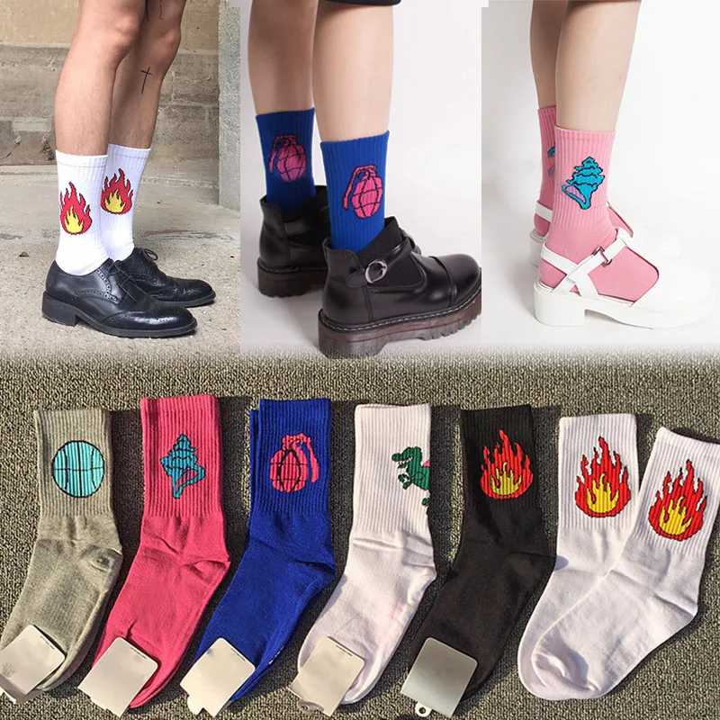 

New Women Men Cotton Socks Funny Dinosaur Baseball Fire Patterned Socks Creative Lovers Sock Hot Sale