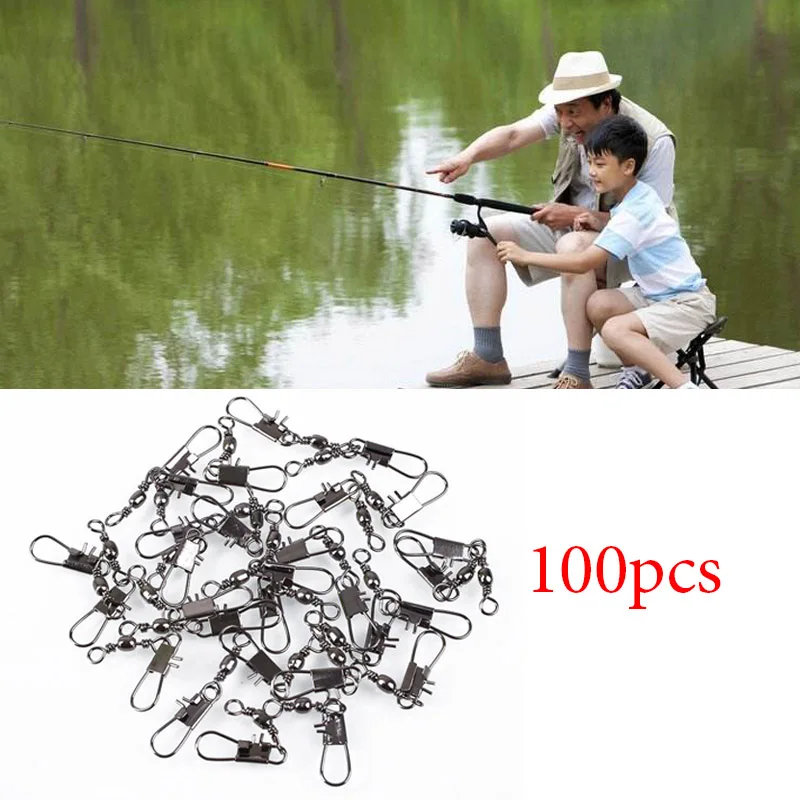 

100pcs Stainless Steel Fishing Swivel Snap Ball Bearing Rolling Solid Rings Interlock Fishing Hooks Connector #10 Length